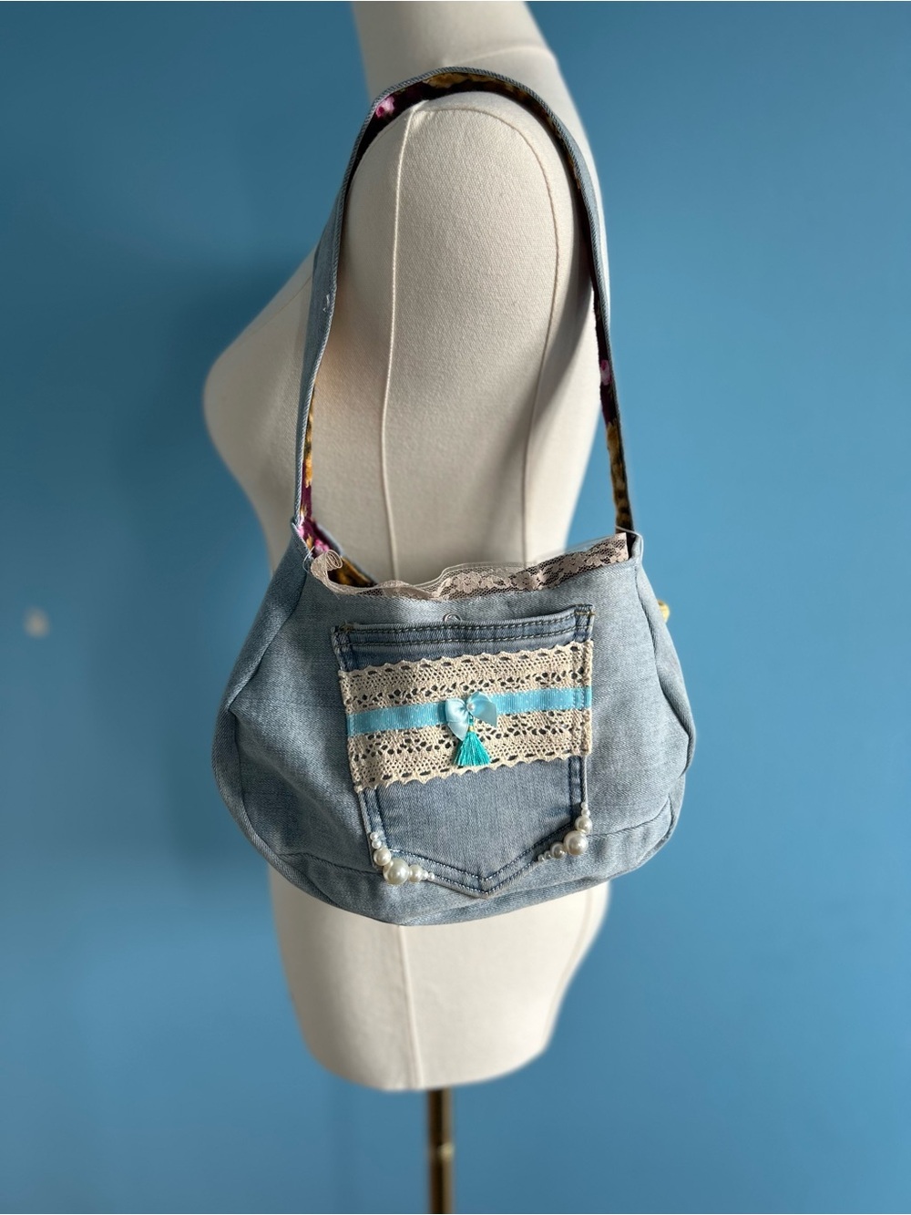 Light Blue Denim Shoulder Bag with Lace Trim